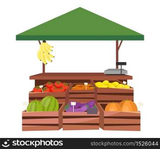 Fruits and vegetables market stall flat illustration. Farm products, eco and organic food trade tent, counter with wooden crates. Fair, summer market stand. Local grocery outdoor street shop, kiosk