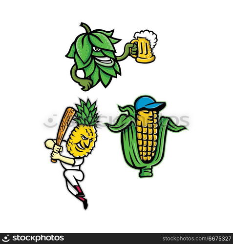 Fruits and Vegetables Mascot Collection. Mascot icon illustration set of fruits and vegetables like a beer hops drinking mug of ale, a maize or corn cob wearing a baseball cap and a pineapple with baseball bat batting on isolated background in retro style.. Fruits and Vegetables Mascot Collection