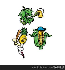 Fruits and Vegetables Mascot Collection. Mascot icon illustration set of fruits and vegetables like a beer hops drinking mug of ale, a maize or corn cob wearing a baseball cap and a pineapple with baseball bat batting on isolated background in retro style.. Fruits and Vegetables Mascot Collection