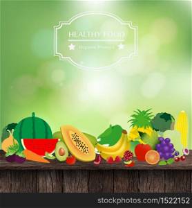 Fruits and vegetables on wooden table, With fresh spring green bokeh and sunlight background, Vector illustration template design