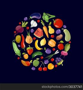 Fruits and vegetables organic food icons in circle design. Fruits and vegetables organic food icons in circle design. Food of fruits organic and illustration vegetables and fruits