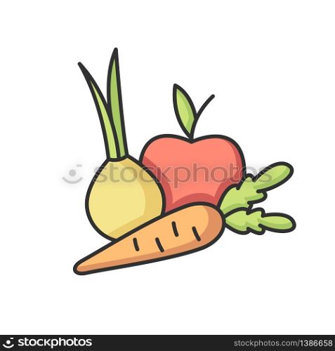Fruits and vegetables RGB color icon. Fresh organic food. Health vegetarian recipe ingredients. Ripe apple. Natural carrot. Nutritious onion. Premium quality farm food. Isolated vector illustration. Fruits and vegetables RGB color icon