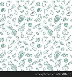 Fruits and vegetables seamless pattern. Doodle Food elements vector background. Hand drawn outline illustration of pineapple, bananas, grape, pumpkin and berries.. Fruits and vegetables seamless pattern. Doodle Food elements vector background. Hand drawn outline illustration of pineapple, bananas, grape, pumpkin and berries