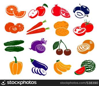 Fruits and vegetables set icons in simple style isolated on white. Fruits and vegetables set icons