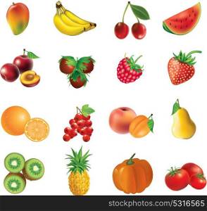 Fruits and vegetables, set of isolated, detailed vector illustrations and icons - mango, banana, cherry, watermelon, plum, haselnuts, strawberry, raspberry, orange, currant, apricot, peach, pear, kiwi, pineapple, pumkin, tomato