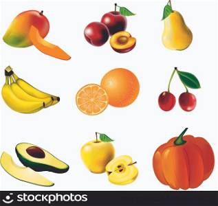 Fruits and vegetables, set of isolated, detailed vector illustrations and icons