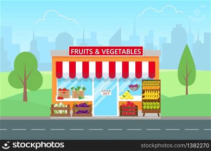 Fruits and vegetables shop in flat style. Facade of grocery store.Big city on background.. Fruits and vegetables shop.
