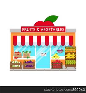 Fruits and vegetables shop in flat style isolated on white background. Facade of grocery store.
