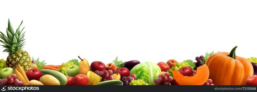 Fruits and vegetables stacked together in one heap horizontal composition realistic vector illustration . Fruits And Vegetables Horizontal Composition