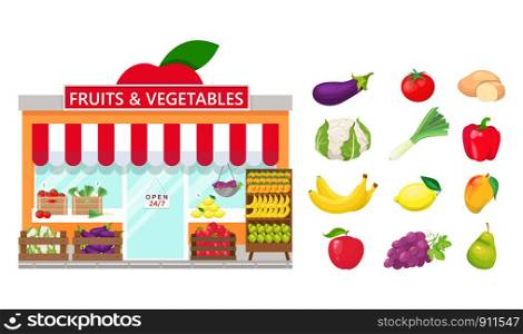Fruits and vegetables store and set of fruits and vegetables on white background.