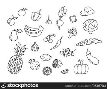Fruits and vegetables vector doodles set. Raw food elements isolated black on white background. Hand drawn outline illustration of pineapple, bananas, pumpkin and carrots. Hand drawn doodle drawings.. Fruits and vegetables vector doodles set. Raw food elements isolated black on white background. Hand drawn outline illustration of pineapple, bananas, pumpkin and carrots. Hand drawn doodle drawings