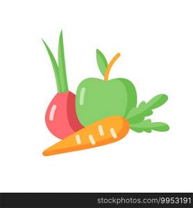 Fruits and vegetables vector flat color icon. Fresh organic food. Health vegetarian recipe ingredients. Premium quality farm food. Cartoon style clip art for mobile app. Isolated RGB illustration. Fruits and vegetables vector flat color icon