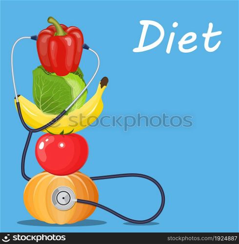 fruits and vegetables with a stethoscope. Healthy diet concept. Vector illustration in flat style. fruits and vegetables with a stethoscope.