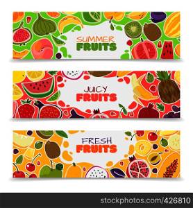 Fruits banners. Colorful fruit design summer healthy fresh organic vegan cut food collection harvest cartoon background composition, vector illustration. Fruits banners. Colorful fruit design summer healthy fresh organic vegan food collection harvest cartoon, vector illustration