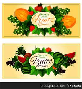 Fruits banners with oval badge framed by fresh apple, orange, pineapple, lemon, strawberry, melon, green and violet grapes, watermelon fruits, sappy green leaves and grapevine. Natural fruits and berries banners