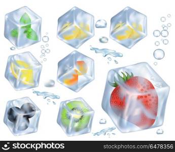 Fruits, Berries and Herb in Ice Illustrations. Red strawberry, half of kiwi, ripe blueberries, sour lemon and green mint in ice cubes isolated vector illustration on white background.