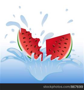 Fruits, berries falling in water, watermelon. Splash of water. Drops flying in the air, water spray.. Fruits, berries falling in water, watermelon. Splash of water. Drops flying in the air, water spray
