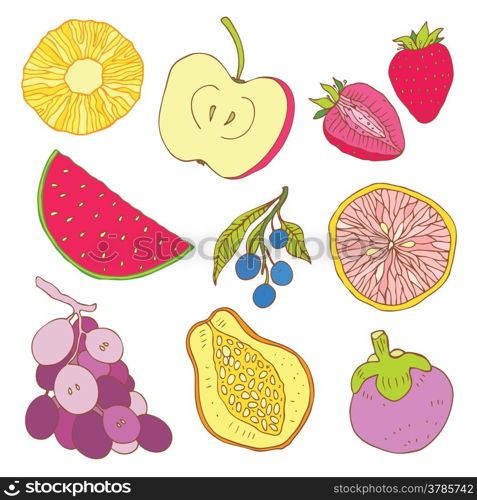 Fruits collection. Set of tropical fruit. Hand drawn Vector illustration.