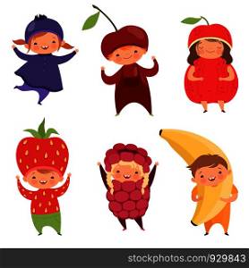 Fruits costumes. Carnival clothes for children. Funny kids in fruit fancy dresses wearing on white, vector illustration. Fruits costumes. Carnival clothes for children. Funny kids in fruit fancy dresses on white