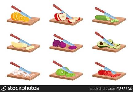 Fruits cutting board. Chopped vegetables, knife slicing raw ingredients angle view, salad cooking process, dish preparation kitchen tools, vegetarian healthy food dieting nutrition vector isolated set. Fruits cutting board. Chopped vegetables, knife slicing raw ingredients angle view, salad cooking process, dish preparation kitchen tools, vegetarian healthy food vector isolated set