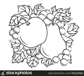 Fruits decoration with apple, pear and grape in retro drawing style