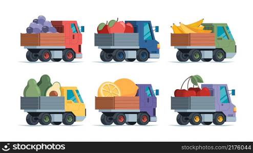 Fruits delivery. Vans green natural products fruits and vegetables delivery to retail urban marketplaces garish vector flat vehicles collection. Market delivery fruit, food and avocado illustration. Fruits delivery. Vans green natural products fruits and vegetables delivery to retail urban marketplaces garish vector flat vehicles collection