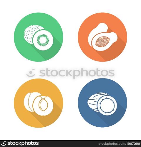 Fruits flat design icons set. Exotic sliced tropical food. Cut in half papaya. Apricot cutout with seed. Cracked coconut and two kiwi long shadow white silhouettes symbols. Vector infographic elements. Fruits flat design icons set