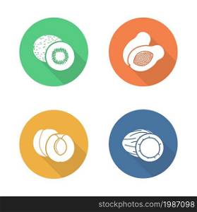 Fruits flat design icons set. Exotic sliced tropical food. Cut in half papaya. Apricot cutout with seed. Cracked coconut and two kiwi long shadow white silhouettes symbols. Vector infographic elements. Fruits flat design icons set
