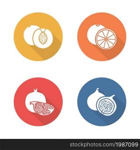 Fruits flat design icons set. Half sliced yellow apricot and red pomegranate with seeds. Sweet summer fruits. Vegetarian dessert salad. Long shadow silhouette symbols. Vector infographics elements. Fruits flat design icons set. Half sliced