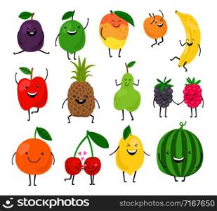 Fruits for kids. Cute fruit characters vector illustration, healthy juice cartoon kawaii summer fruits isolated on white background. Cute fruit characters for kids