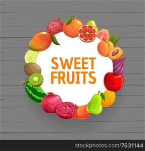 Fruits frame banner, garden and tropical farm food harvest, vector watermelon and mango. Exotic tropical fruits frame from guava, orange, pomegranate and kiwi, lemon or lime and pear, apple and figs. Fruits frame banner, garden and tropical farm food