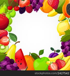Fruits frame template with papaya pear grape apple kiwi plum lemon berries on white background vector illustration . Fruits Frame Template