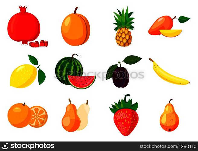 Fruits icon set. Cartoon set of fruits vector icons for web design isolated on white background. Fruits icon set, cartoon style