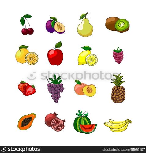 Fruits icons set of orange grape apple strawberry kiwi pineapple cherry and others vector illustration