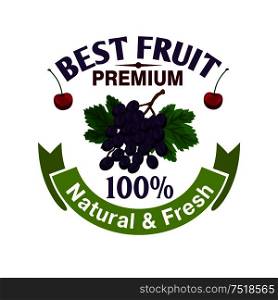 Fruits label template. Natural and fresh berries grape and cherry icons for premium juice packaging, bottle, menu. Merchandise element for sticker, tag, poster, leaflet, flyer. Fresh grape and cherry fruit icon