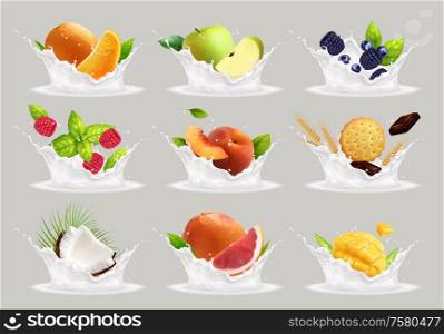 Fruits milk yogurt splashes realistic collection of isolated white yoghurt drops and whole fruits with slices vector illustration