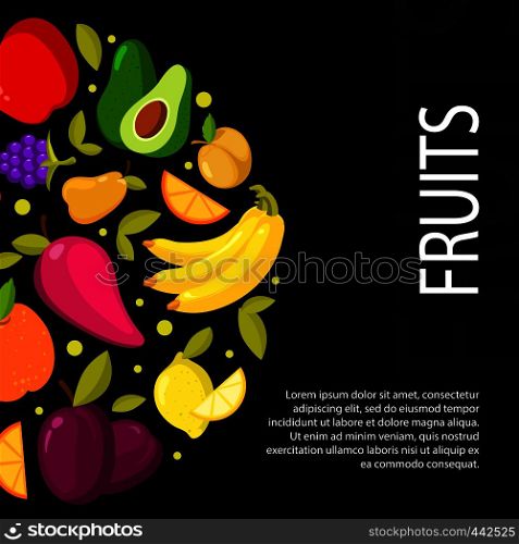 Fruits on black background. Illustration with space for your text. Fruits banner vector. Fruits on black background. Illustration with space for your text