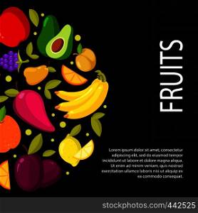 Fruits on black background. Illustration with space for your text. Fruits banner vector. Fruits on black background. Illustration with space for your text