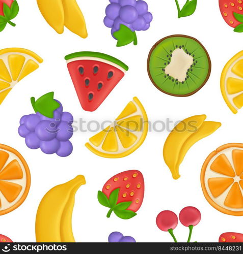 Fruits pattern. Plasticine stylized products orange strawberry cherry eating healthy fruits decent vector seamless backgraund for textile project design. Illustration of strawberry and banana. Fruits pattern. Plasticine stylized products orange strawberry cherry eating healthy fruits decent vector seamless backgraund for textile project design