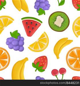 Fruits pattern. Plasticine stylized products orange strawberry cherry eating healthy fruits decent vector seamless backgraund for textile project design. Illustration of strawberry and banana. Fruits pattern. Plasticine stylized products orange strawberry cherry eating healthy fruits decent vector seamless backgraund for textile project design