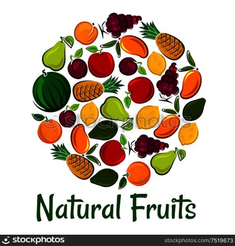 Fruits placard background. Vector round shape wallpaper of natural fruit icons watermelon, grape, pineapple, apricot, mango, avocado, pear, apple plum. Natural fruits placard background