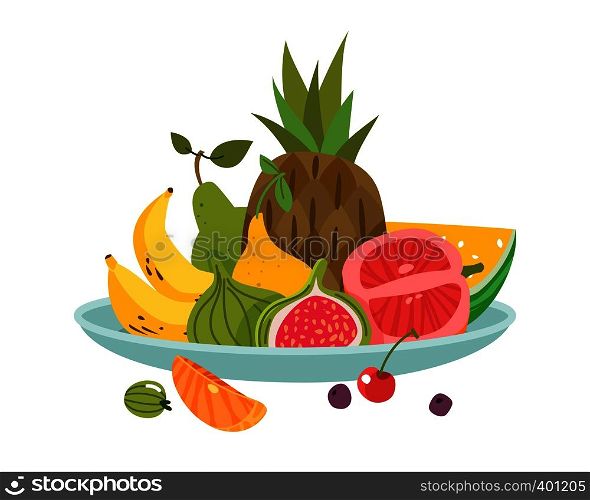 Fruits plate. Dinner bowl dish fruit lunch delicious diet health fresh appetizer, cartoon vector isolated kitchen illustration. Fruits plate. Dinner bowl dish fruit lunch delicious diet health fresh appetizer, cartoon vector isolated