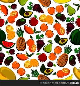 Fruits seamless background. Wallpaper with vector pattern icons of exotic and tropical fruit avocado, pineapple, apple, mango, orange, watermelon, grape, lemon, banana, plum, kiwi juice icon apricot pear. Fruits seamless pattern background