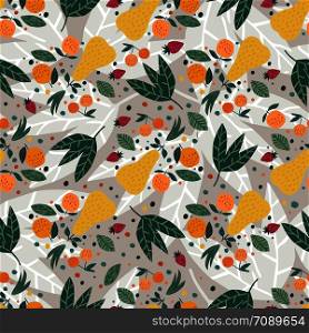 Fruits seamless pattern. Apples, pears, strawberries and leaves hand drawn wallpaper. Design for fabric, textile print, wrapping paper, children textileVector illustration.. Fruits seamless pattern. Apples, pears, strawberries and leaves hand drawn wallpaper.