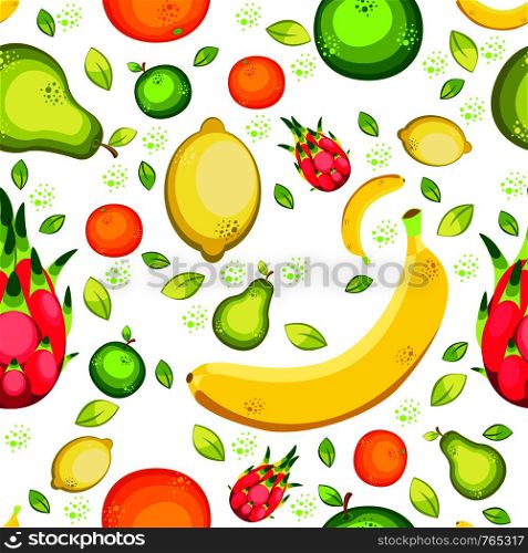 Fruits. Seamless pattern. Banana, lemon, orange, apple, pear pitahaya Flat style For fruit shop food cafe for children. Fruits do yoga. Seamless pattern. Banana, lemon, orange, apple, pear, pitahaya