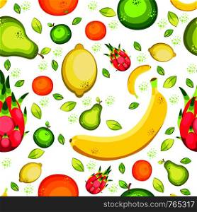 Fruits. Seamless pattern. Banana, lemon, orange, apple, pear pitahaya Flat style For fruit shop food cafe for children. Fruits do yoga. Seamless pattern. Banana, lemon, orange, apple, pear, pitahaya