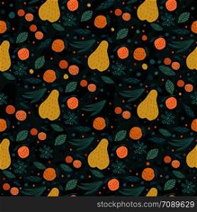 Fruits seamless pattern. Cherry berries, apples, pears and leaves hand drawn wallpaper. Sweet garden fruits on black background. Vector illustration.. Fruits seamless pattern. Cherry berries, apples, pears and leaves hand drawn wallpaper.