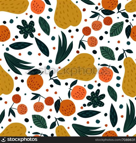Fruits seamless pattern. Cherry berries, apples, pears and leaves hand drawn wallpaper. Funny sweet garden fruits on white background. Vector illustration.. Fruits seamless pattern. Cherry berries, apples, pears and leaves