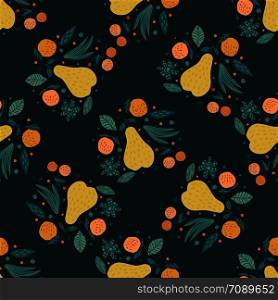 Fruits seamless pattern. Cherry berries, apples, pears and leaves hand drawn wallpaper. Funny sweet garden fruits on black background. Vector illustration.. Fruits seamless pattern. Cherry berries, apples, pears and leaves