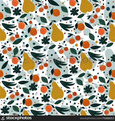 Fruits seamless pattern. Cherry berries, apples, pears and leaves hand drawn wallpaper. Vector illustration.. Fruits seamless pattern. Cherry berries, apples, pears and leaves